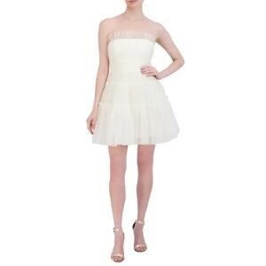 BCBGMAXAZRIA Women's Strapless Tiered Tulle Mini Dress Size 6 Gardenia White NWT